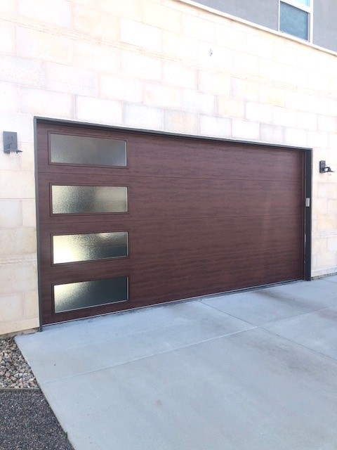 Wood-look flush door with obscure glass side windows