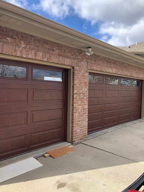 Woodgrain long-panel doors with windows